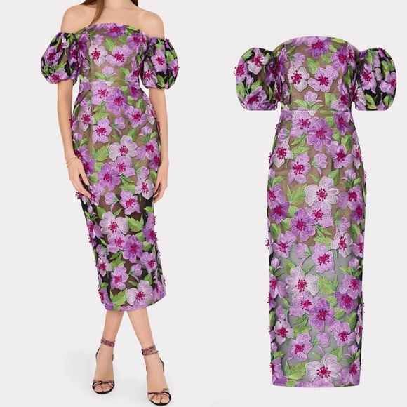Milly Nira Off-Shoulder 3D Floral Appliqué Embroidered Midi Dress NWT Medium - Picture 3 of 17